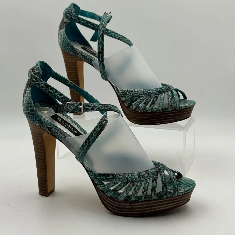 White House Black Market Emilia Sandals Womens 7.5M Teal Snakeskin Platform Y2K
